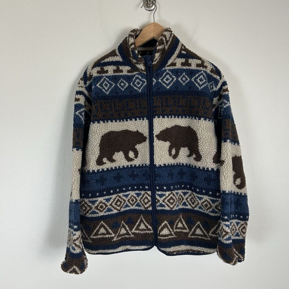 Women’s Fleece Jacket Size 2xL Bear Aztec Southwestern Tribal Print Zip Camp